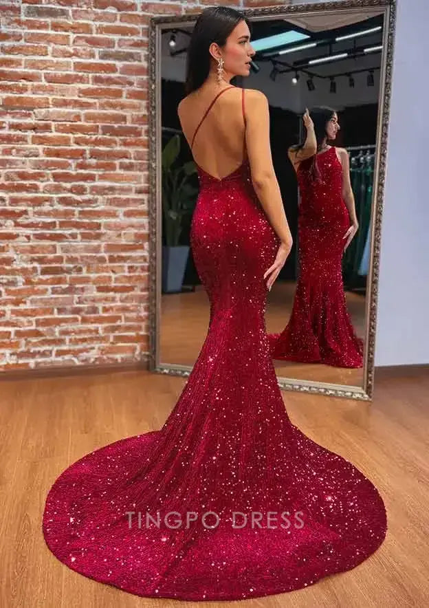 TingPo Wholesale Elegant Trumpet/Mermaid One-Shoulder Sweep Train Velvet Sequins Prom Dress